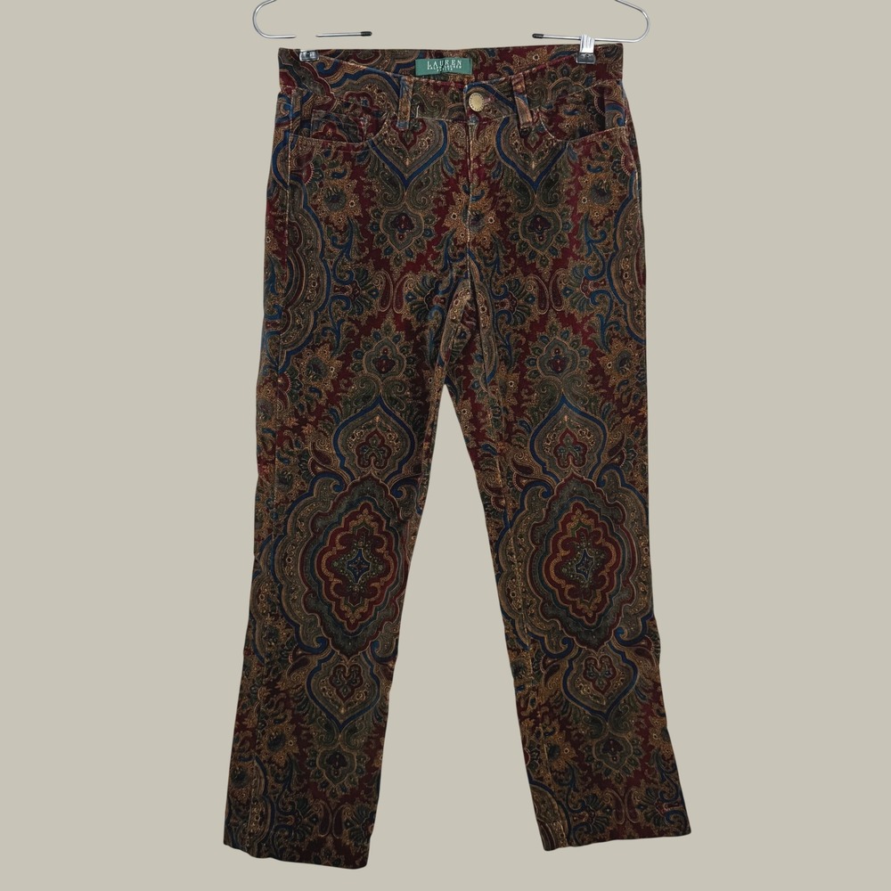 Lauren Ralph Lauren Petite 2P Paisley Pants Burgundy Multicolor Straight Leg
